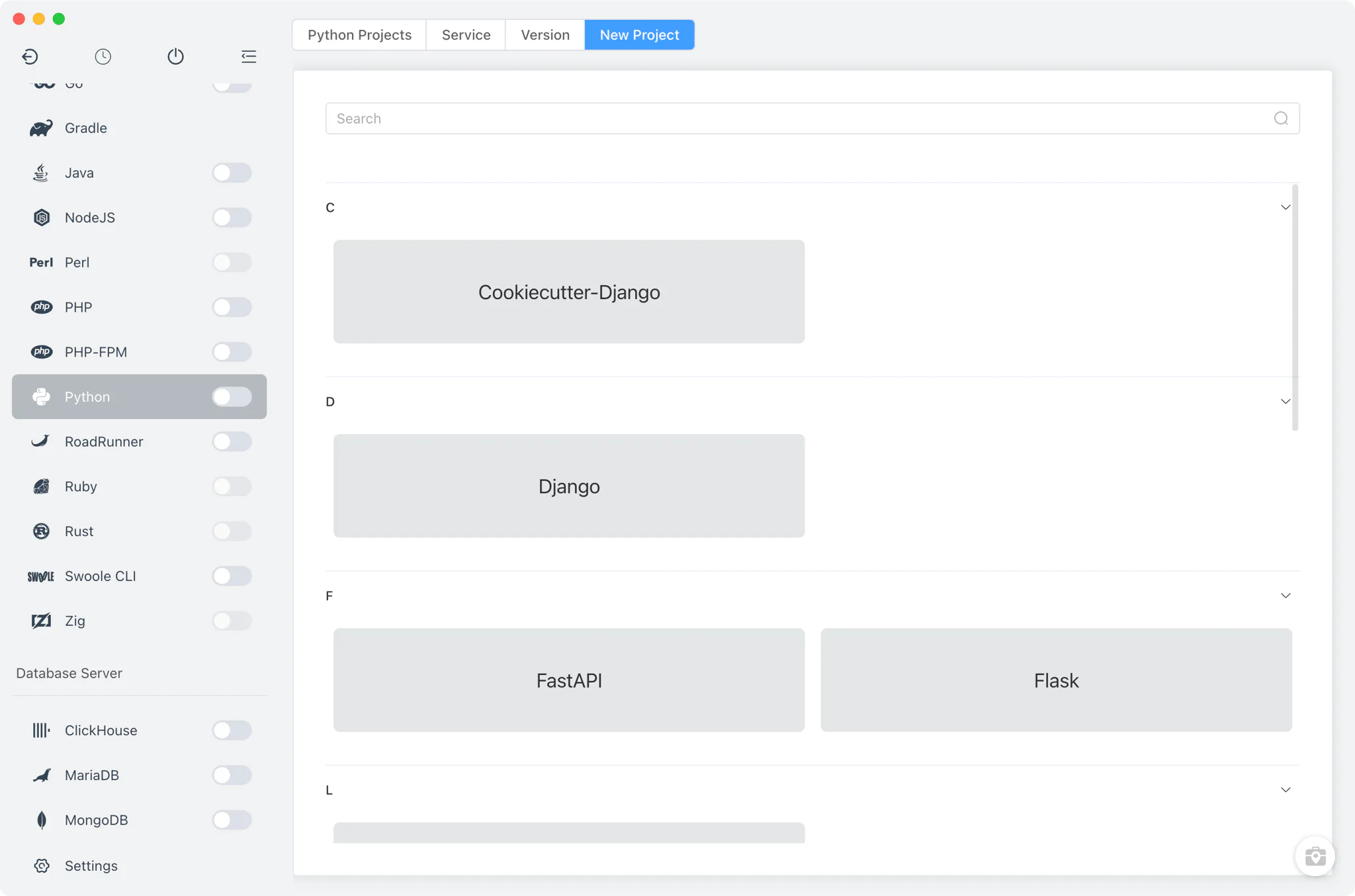 Dialog proyek Python baru dengan pilihan templat framework