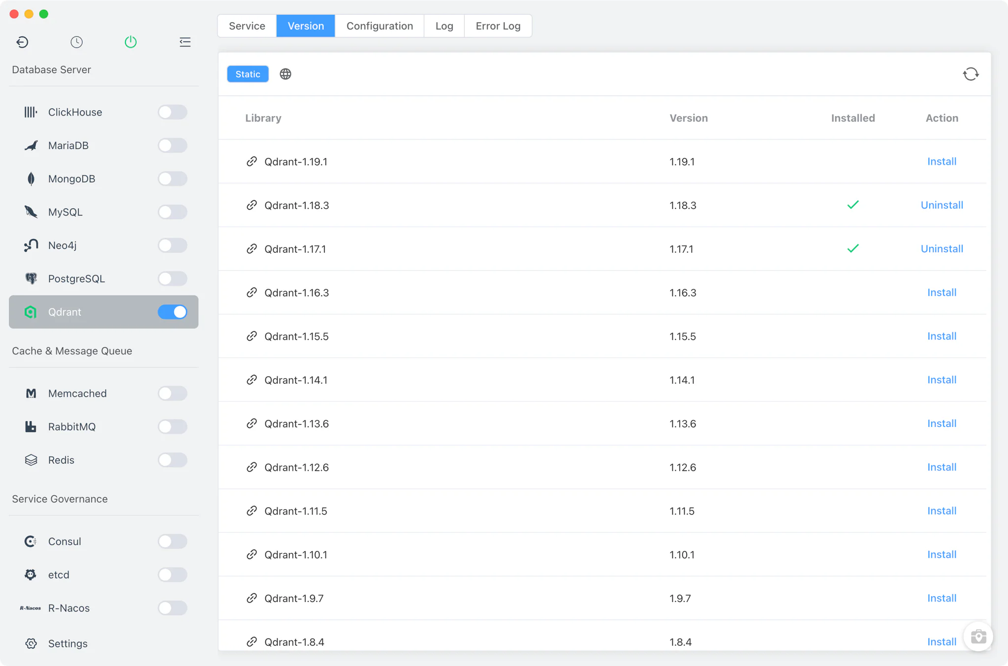 Qdrant Version Manager with the Static online version list