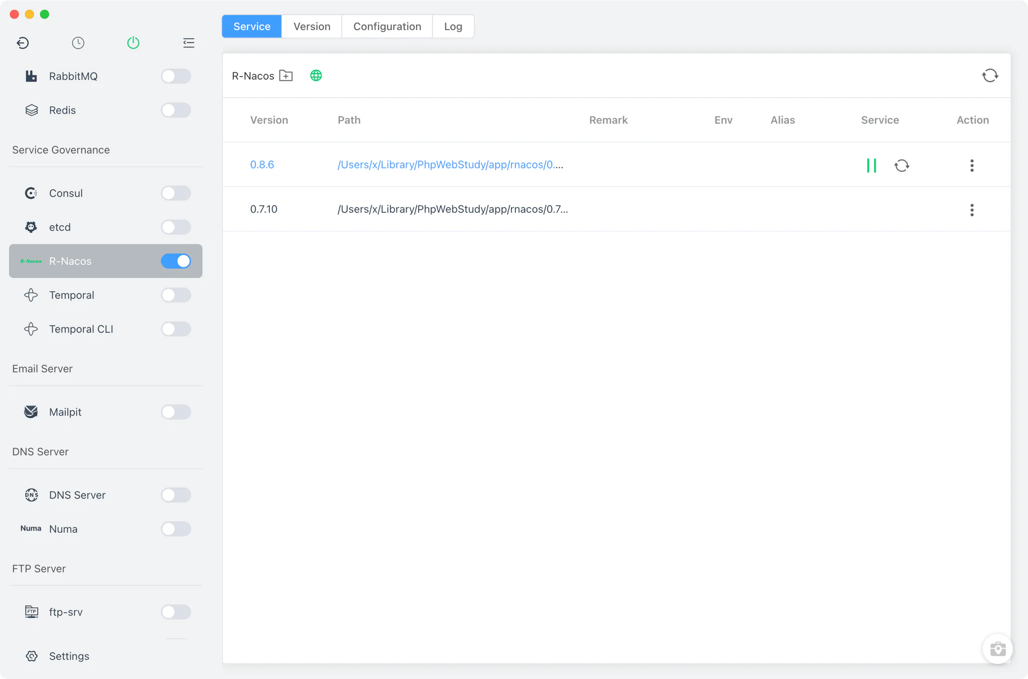 FlyEnv R-Nacos module overview with Service, Version Manager, Config File and Log tabs