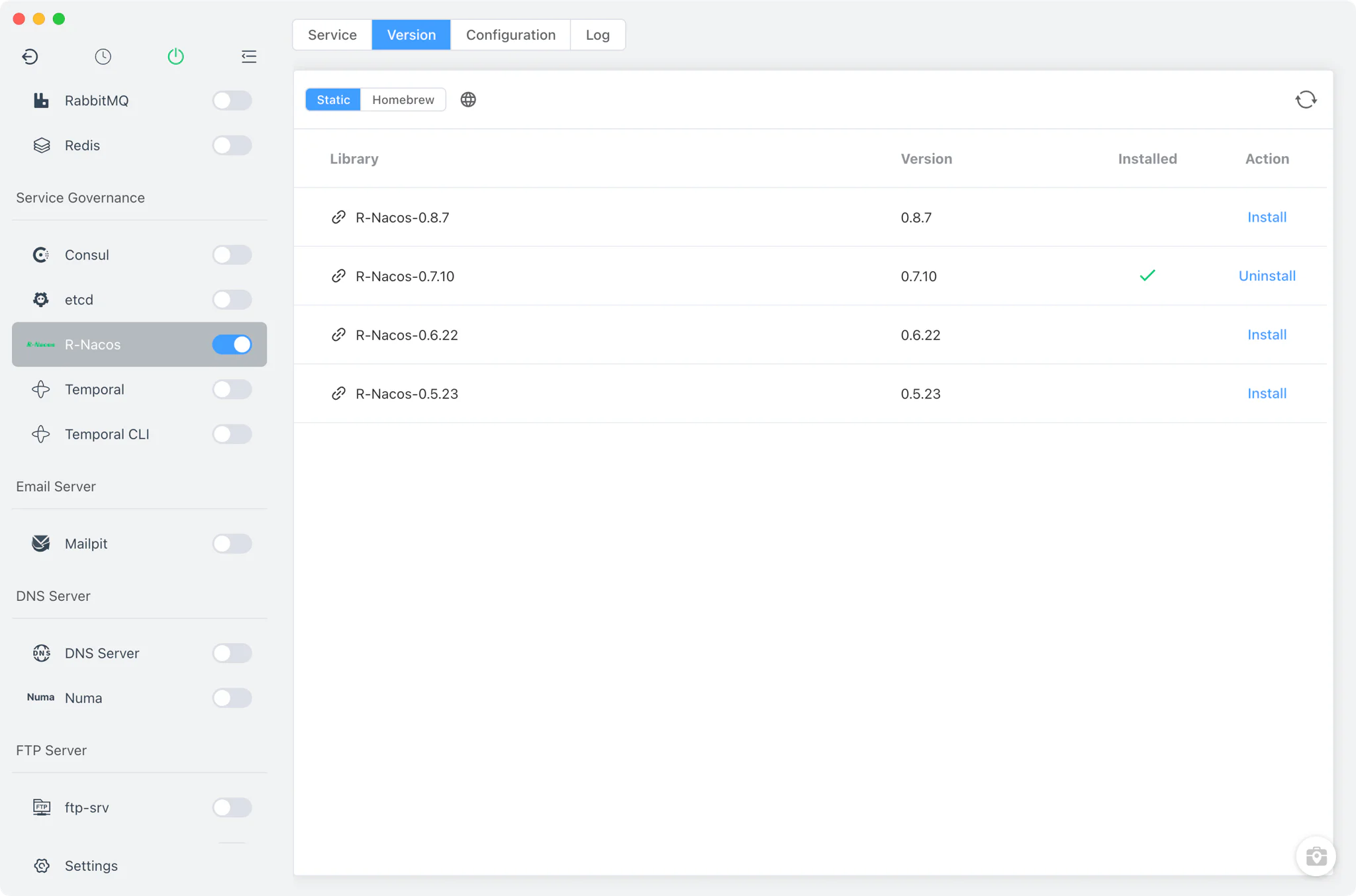 R-Nacos Version Manager with static and Homebrew install sources