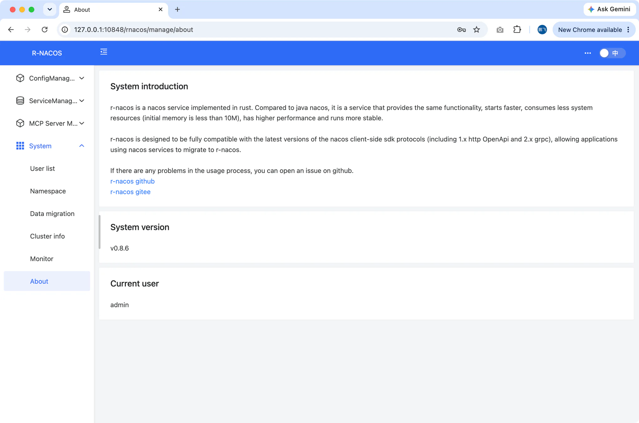 R-Nacos console opened in the browser from FlyEnv