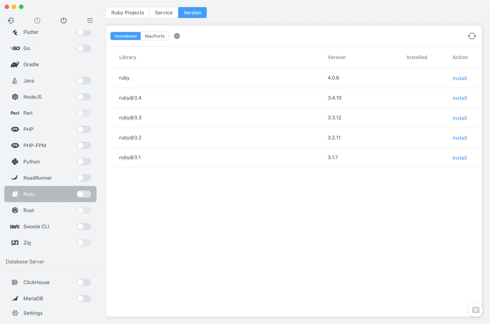 FlyEnv Ruby 版本管理器及 Homebrew、MacPorts 来源截图