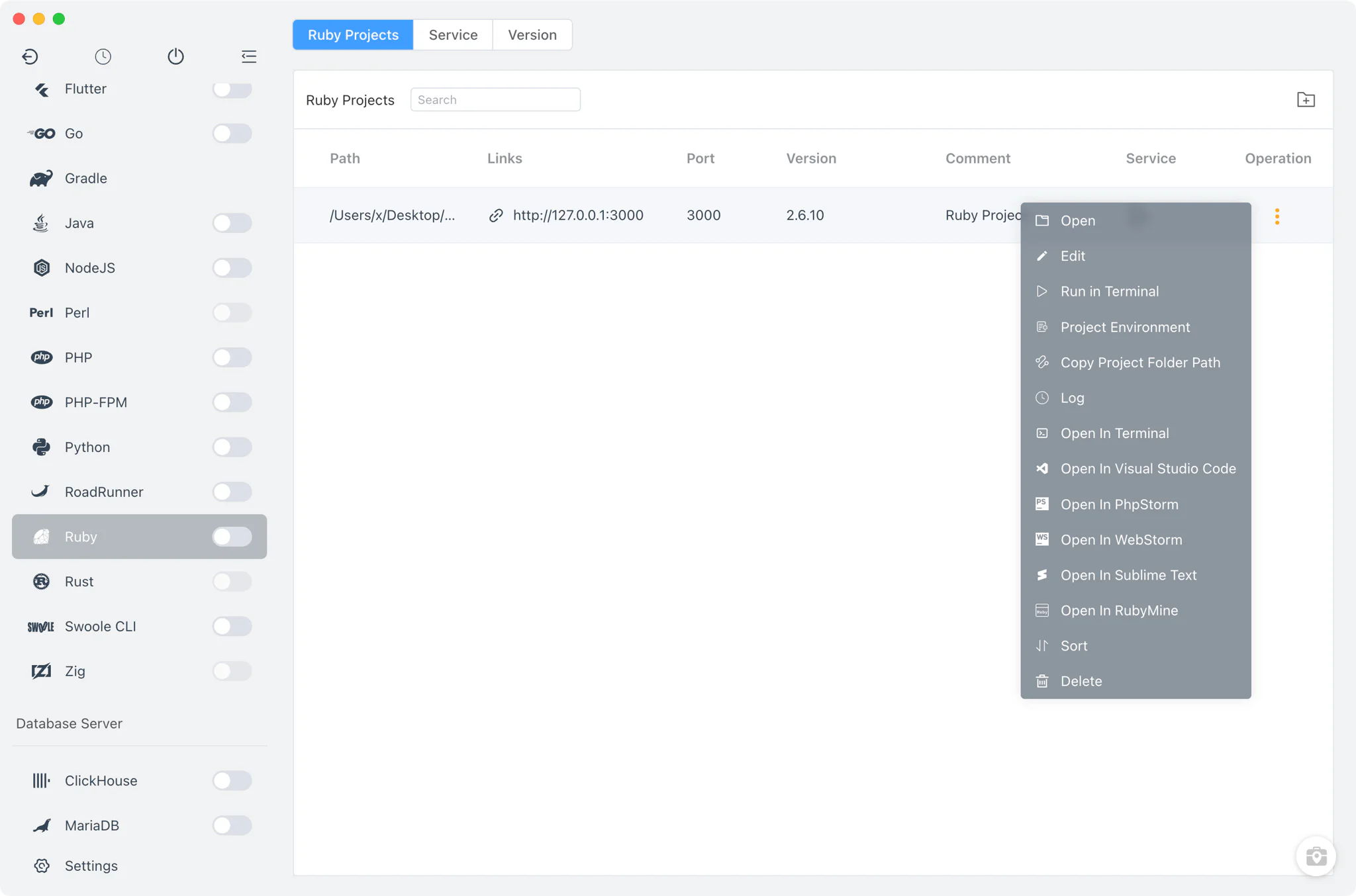 FlyEnv Ruby 项目列表及按项目绑定 Ruby 版本截图