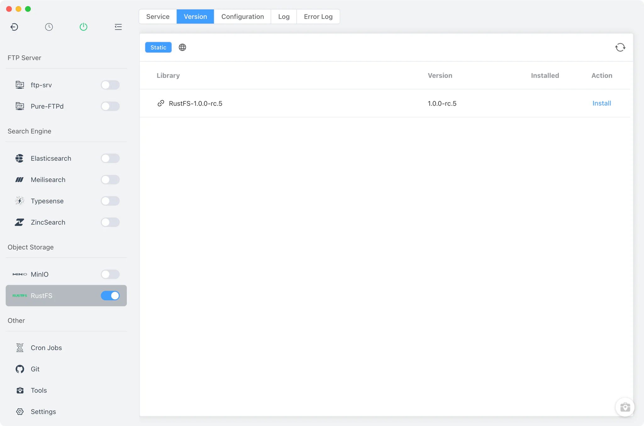 RustFS Version Manager with the static online build list