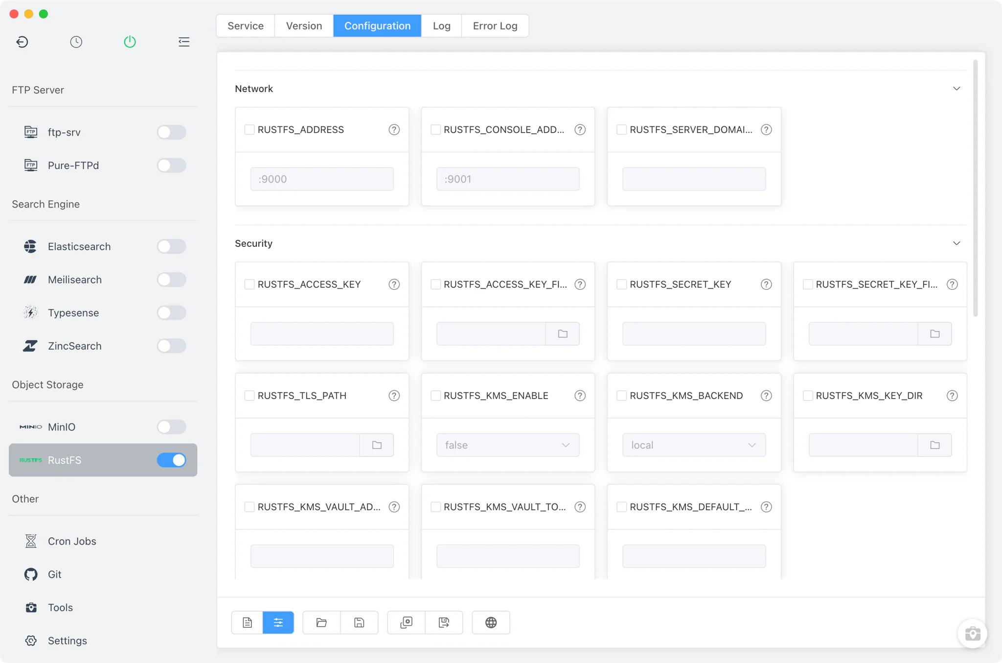 RustFS config file with the grouped RUSTFS_* settings form