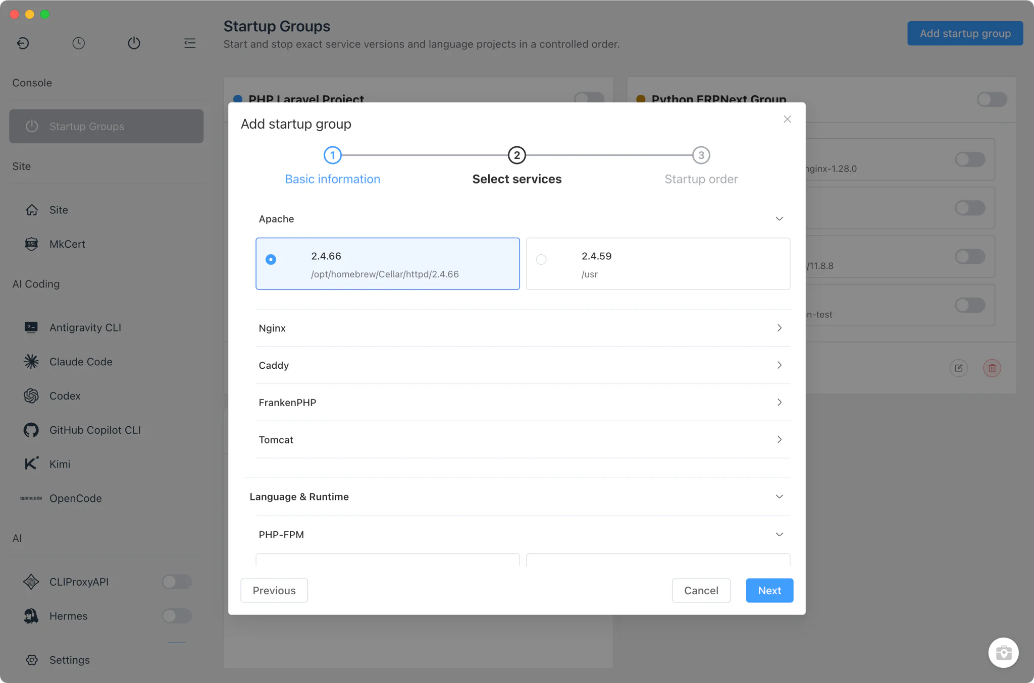 Group editor selecting service versions and project runtimes as members