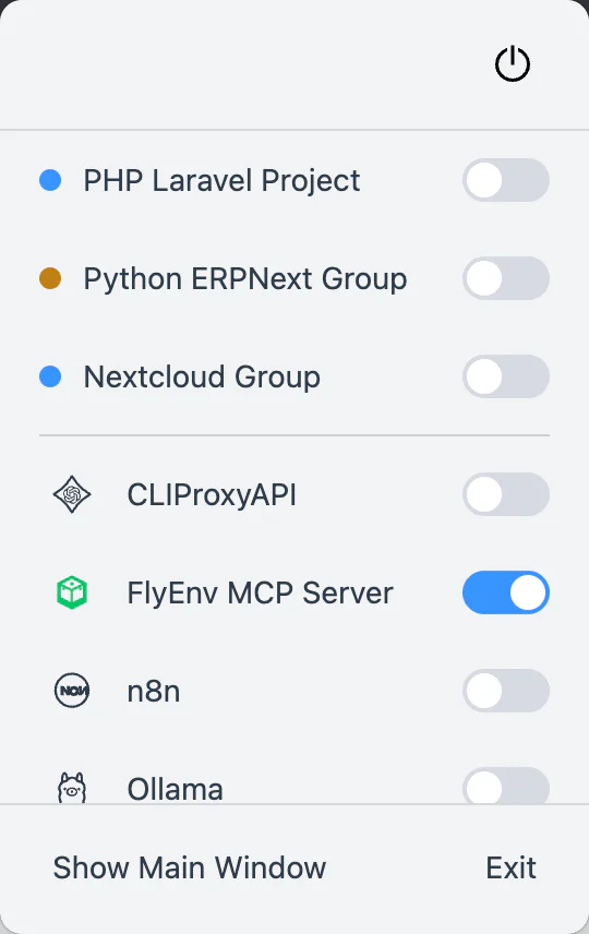 Tray menu listing startup groups with start and stop actions