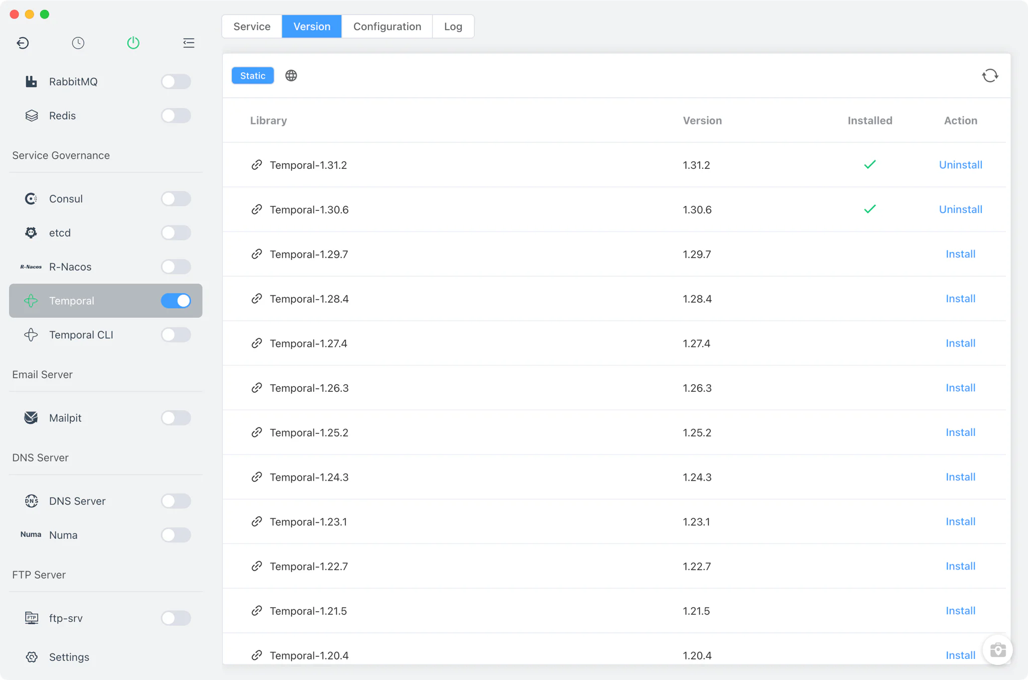 Temporal Version Manager with the static online version list