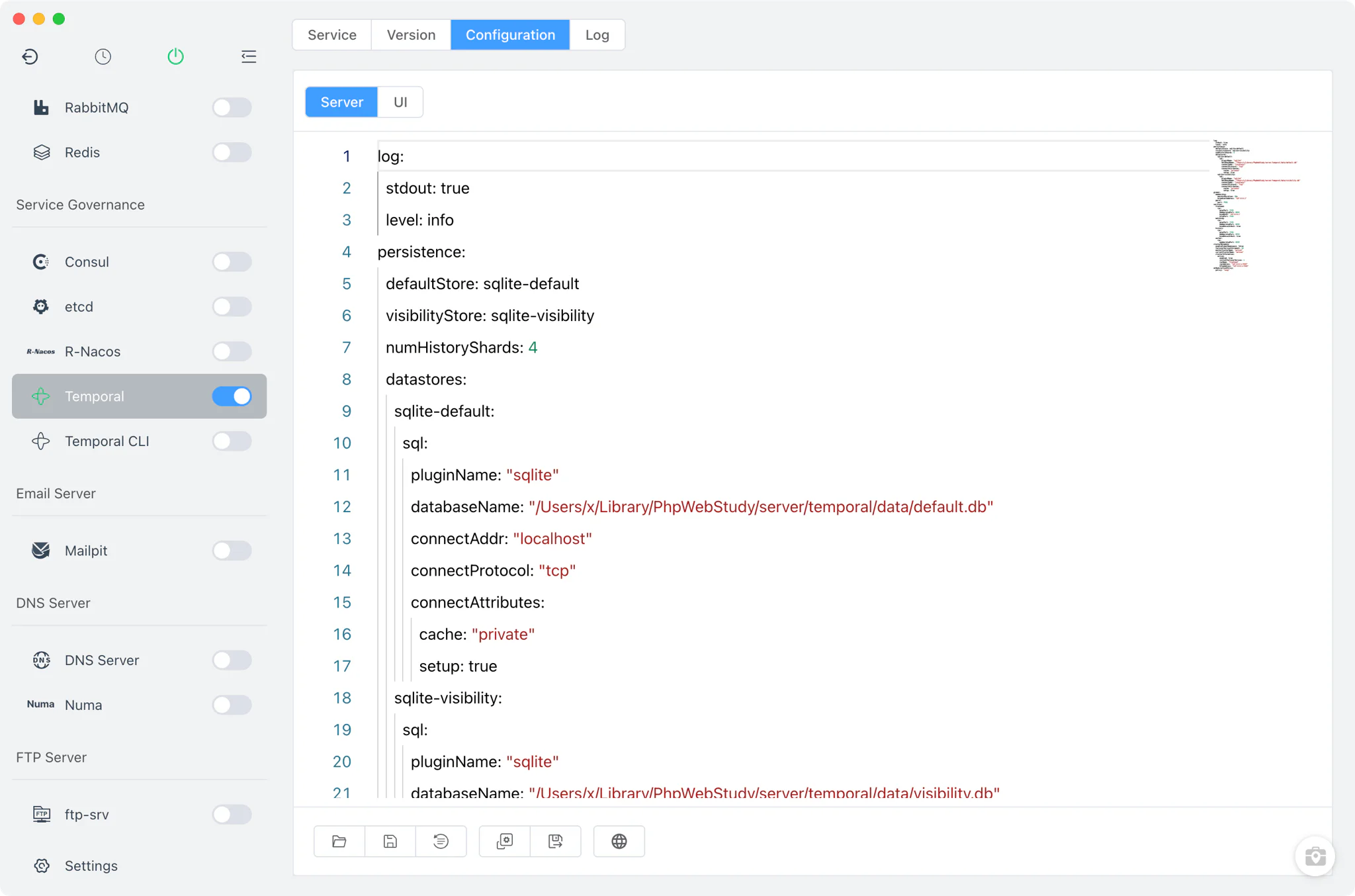 Temporal Config File tab with Server and UI sub-tabs