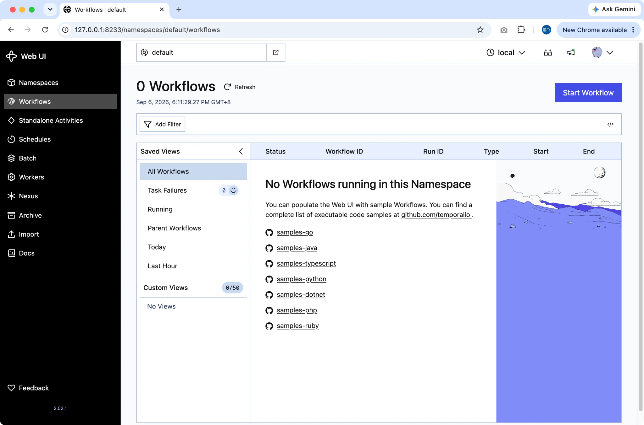 Temporal Web UI opened from FlyEnv in the browser