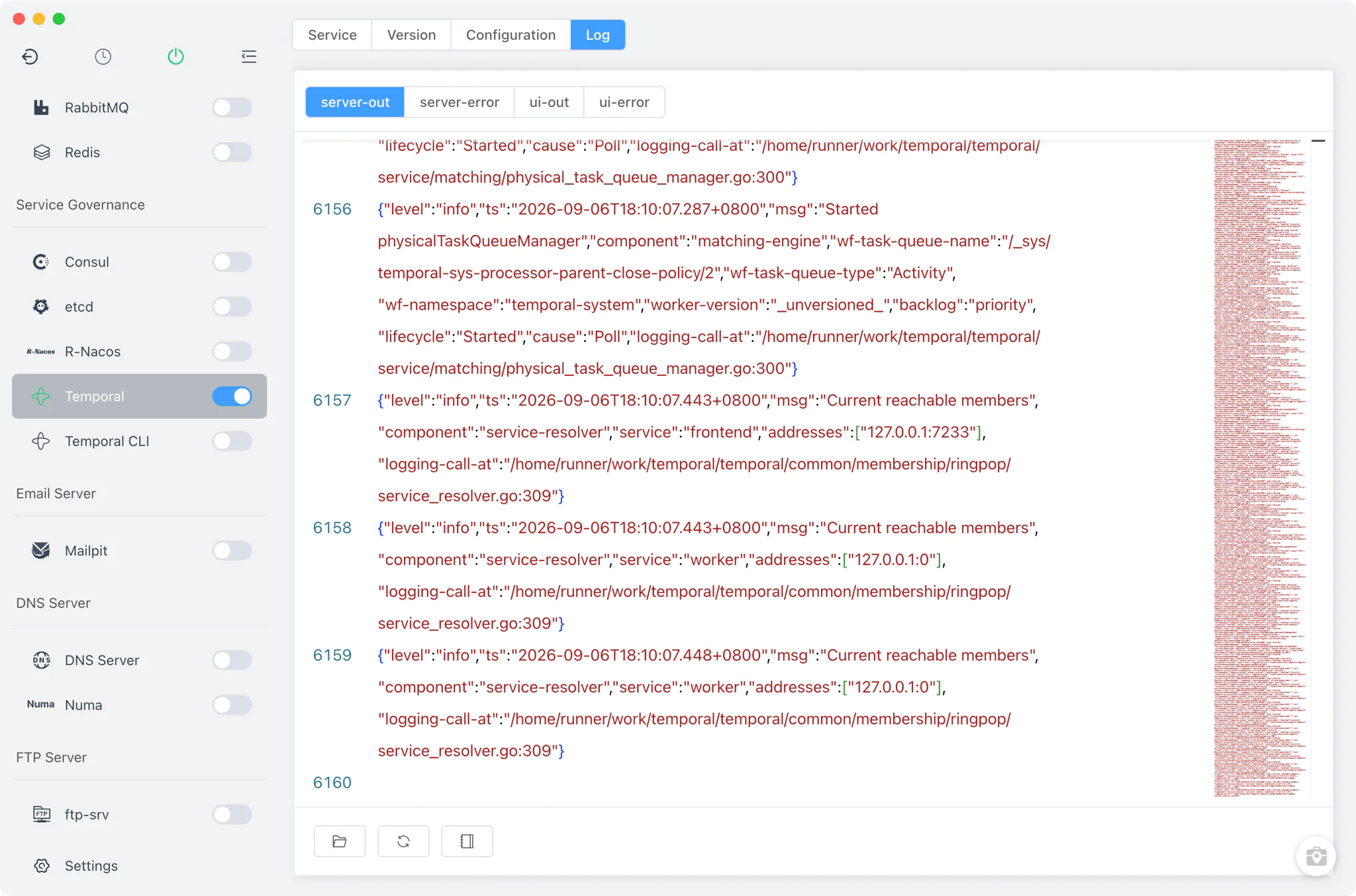 Temporal log viewer with server and UI log selection