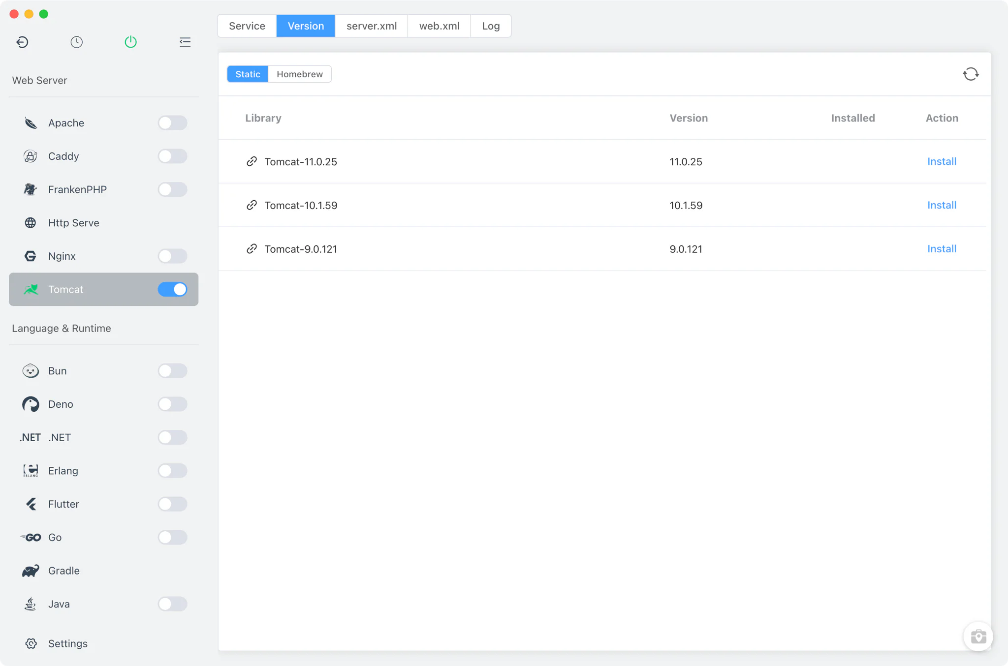 Tomcat manajer versi dengan statis dan Homebrew instal sumber
