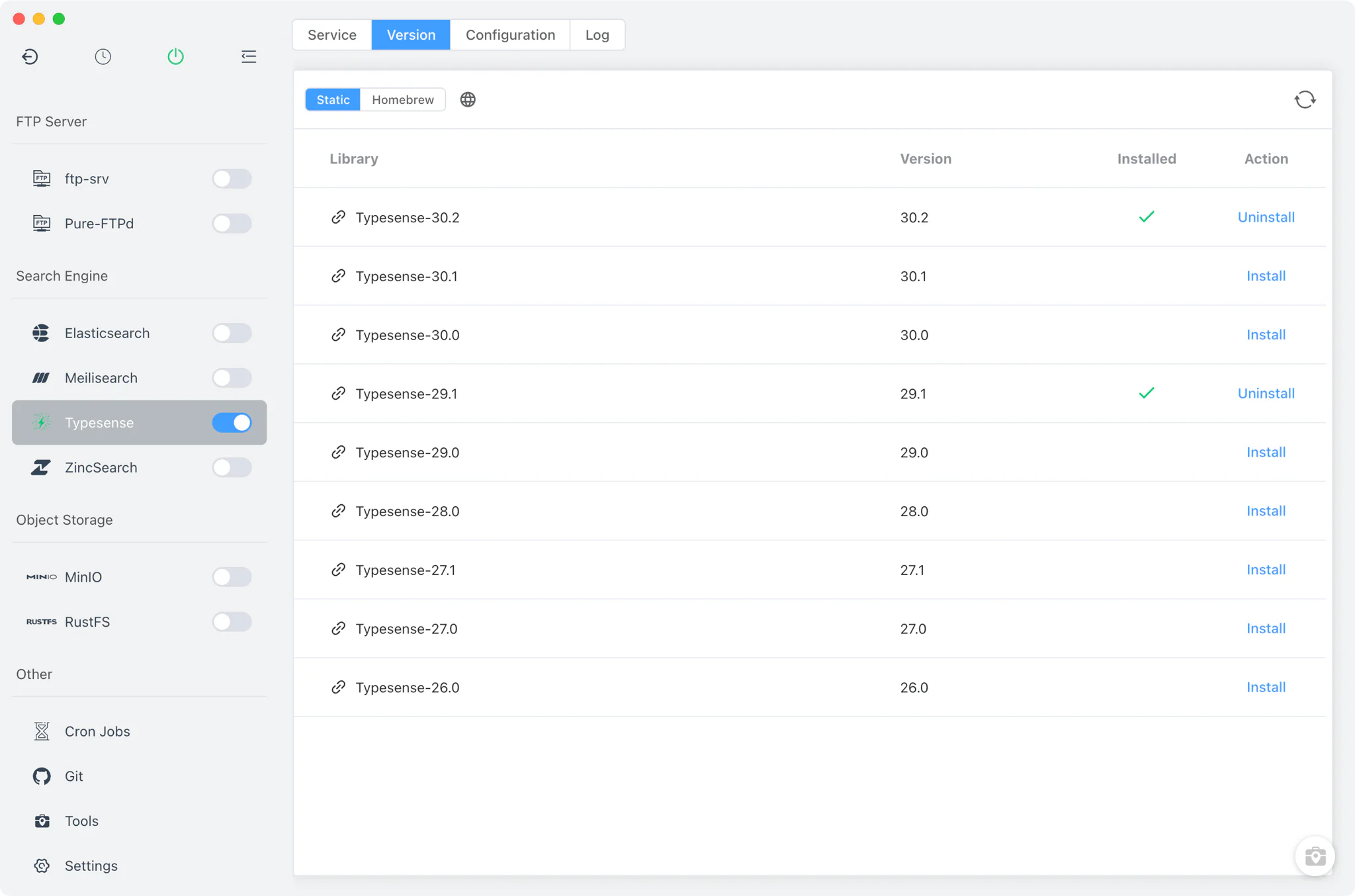 Typesense Version Manager with static and Homebrew sources