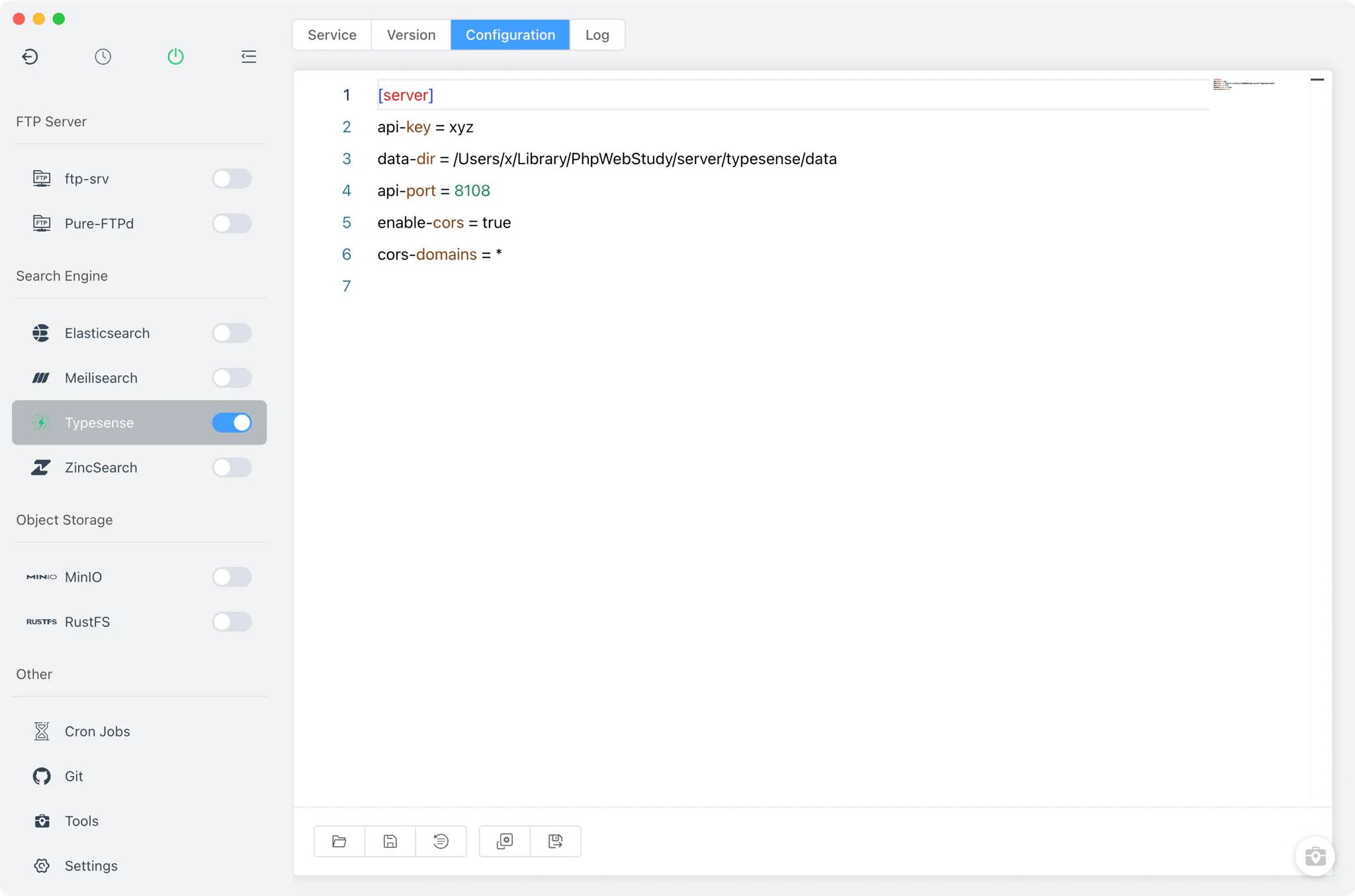 Editing typesense-server.ini in the FlyEnv config editor