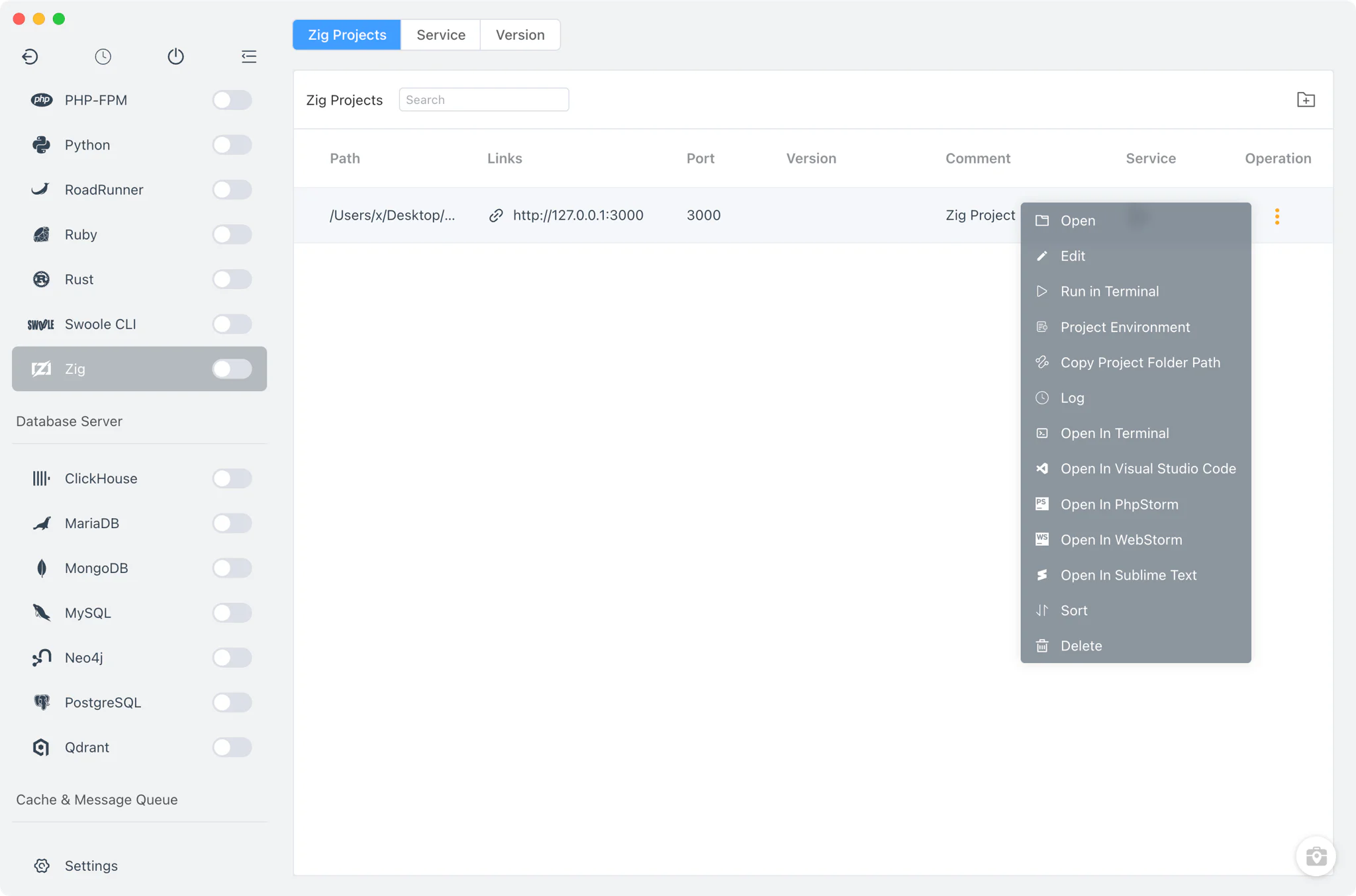 FlyEnv Zig 项目列表及按项目绑定的 Zig 版本