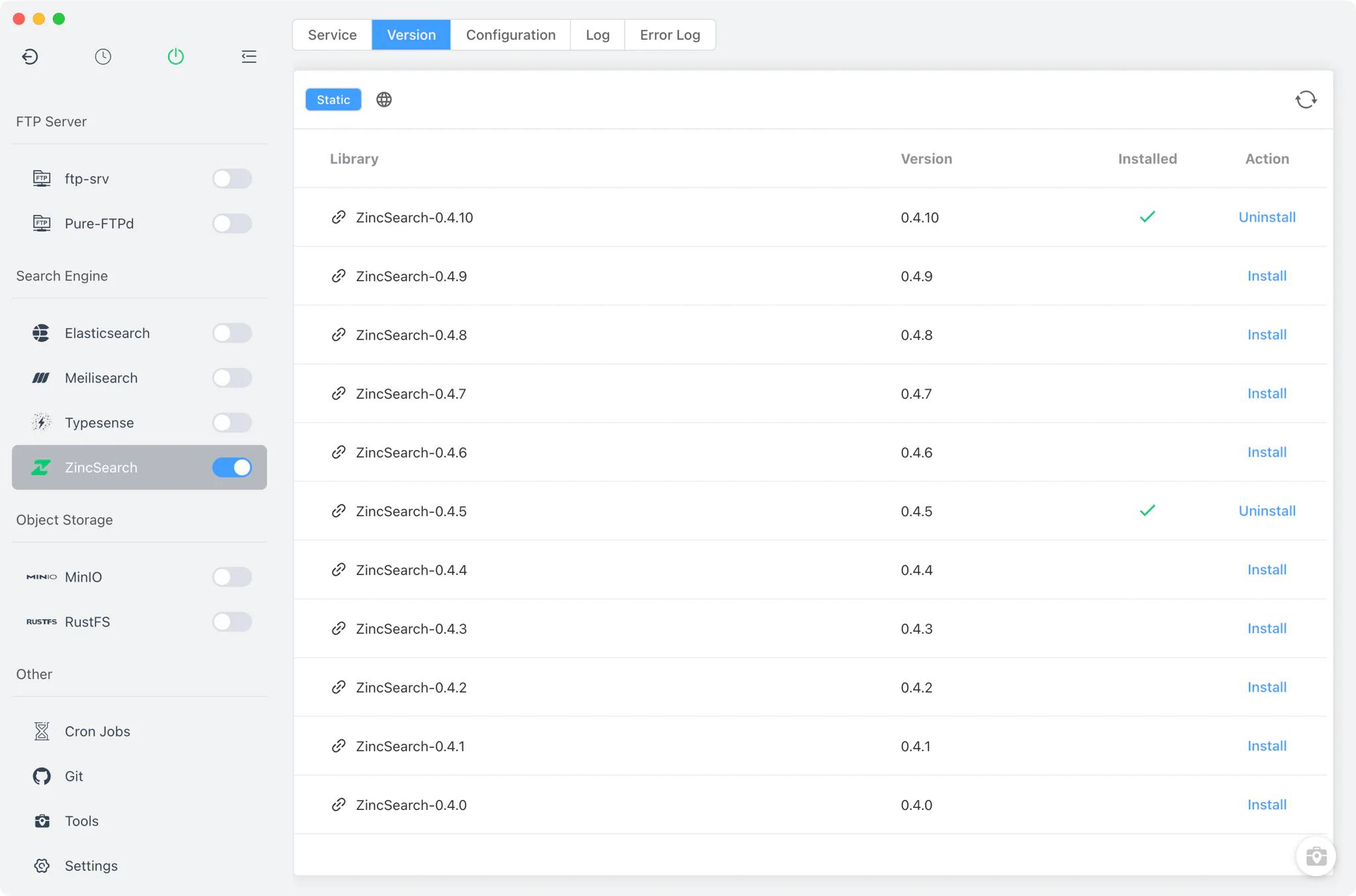 ZincSearch Version Manager with the static online list