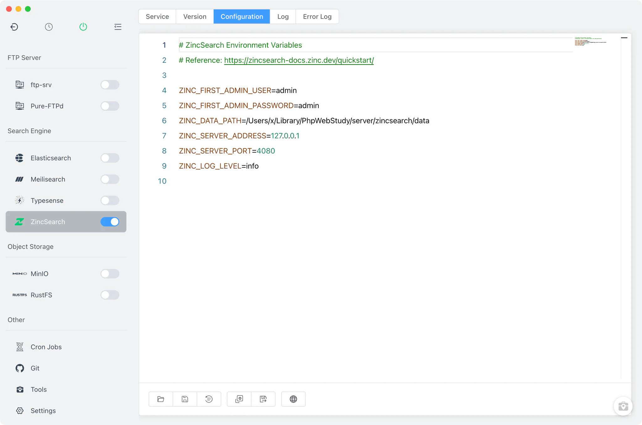 Editing zincsearch.env in the Config File tab