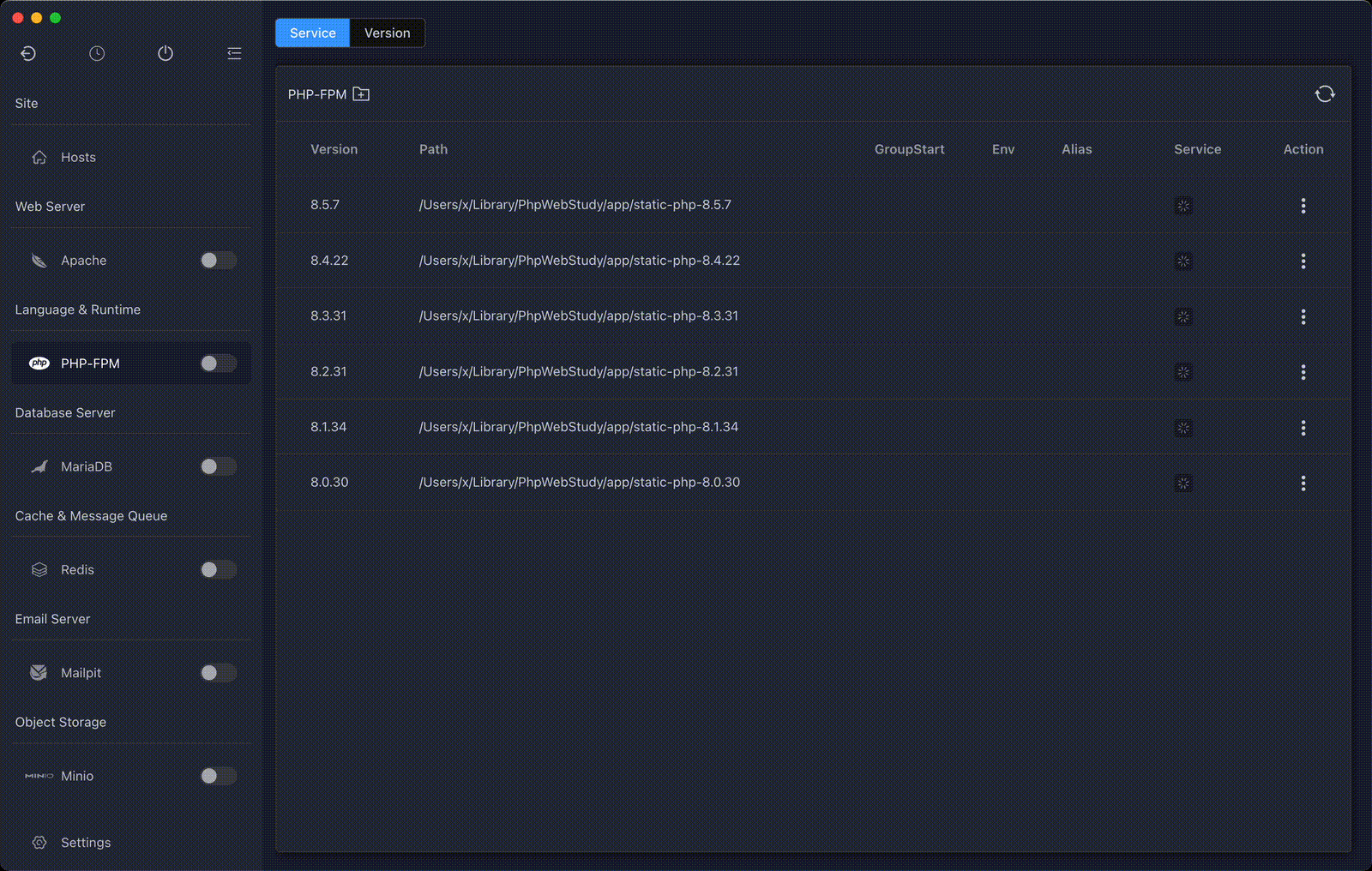 FlyEnv Service Dashboard - manage all services and versions in one place