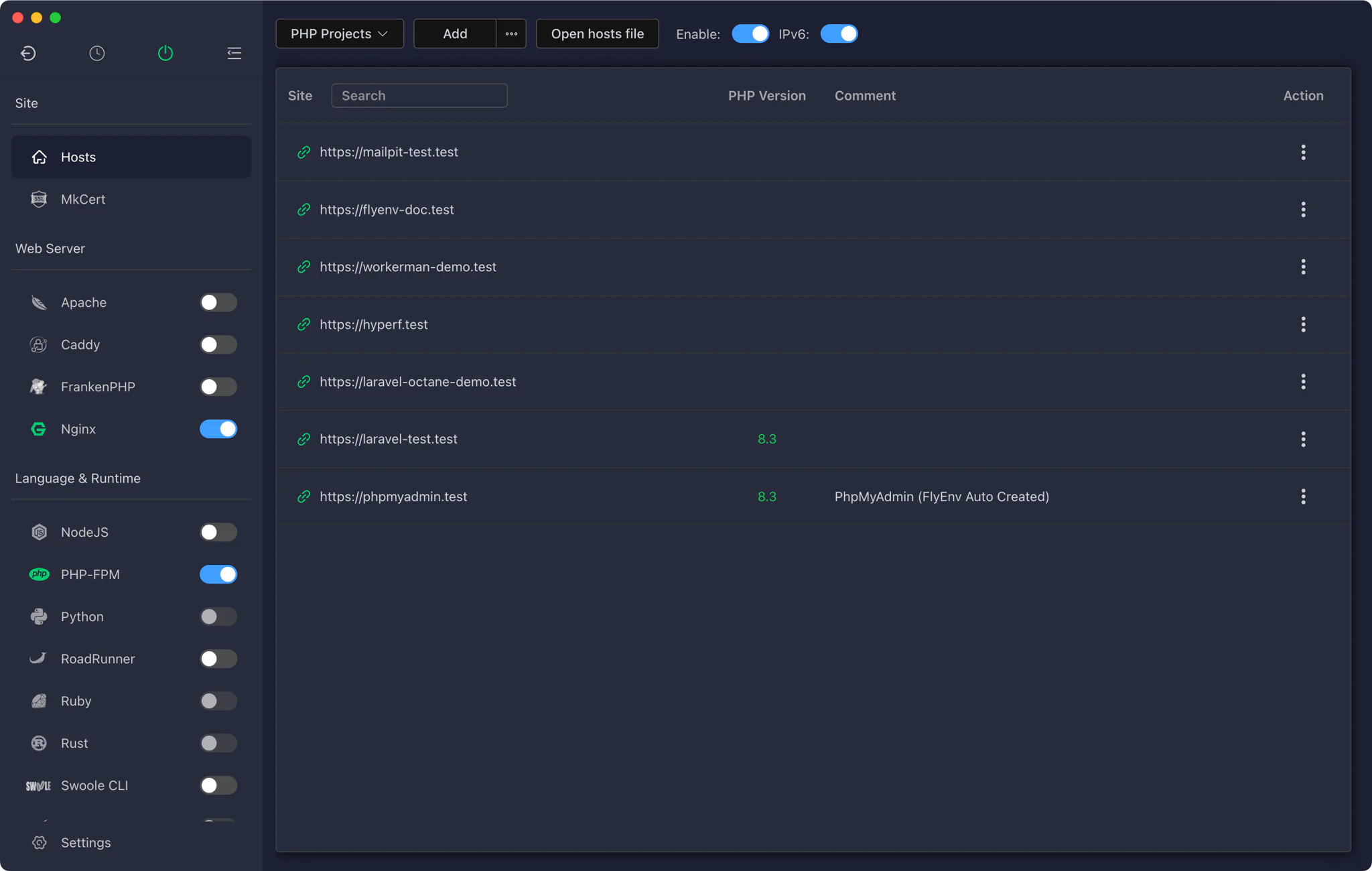 FlyEnv Hosts panel - local sites with HTTPS and custom .test domains