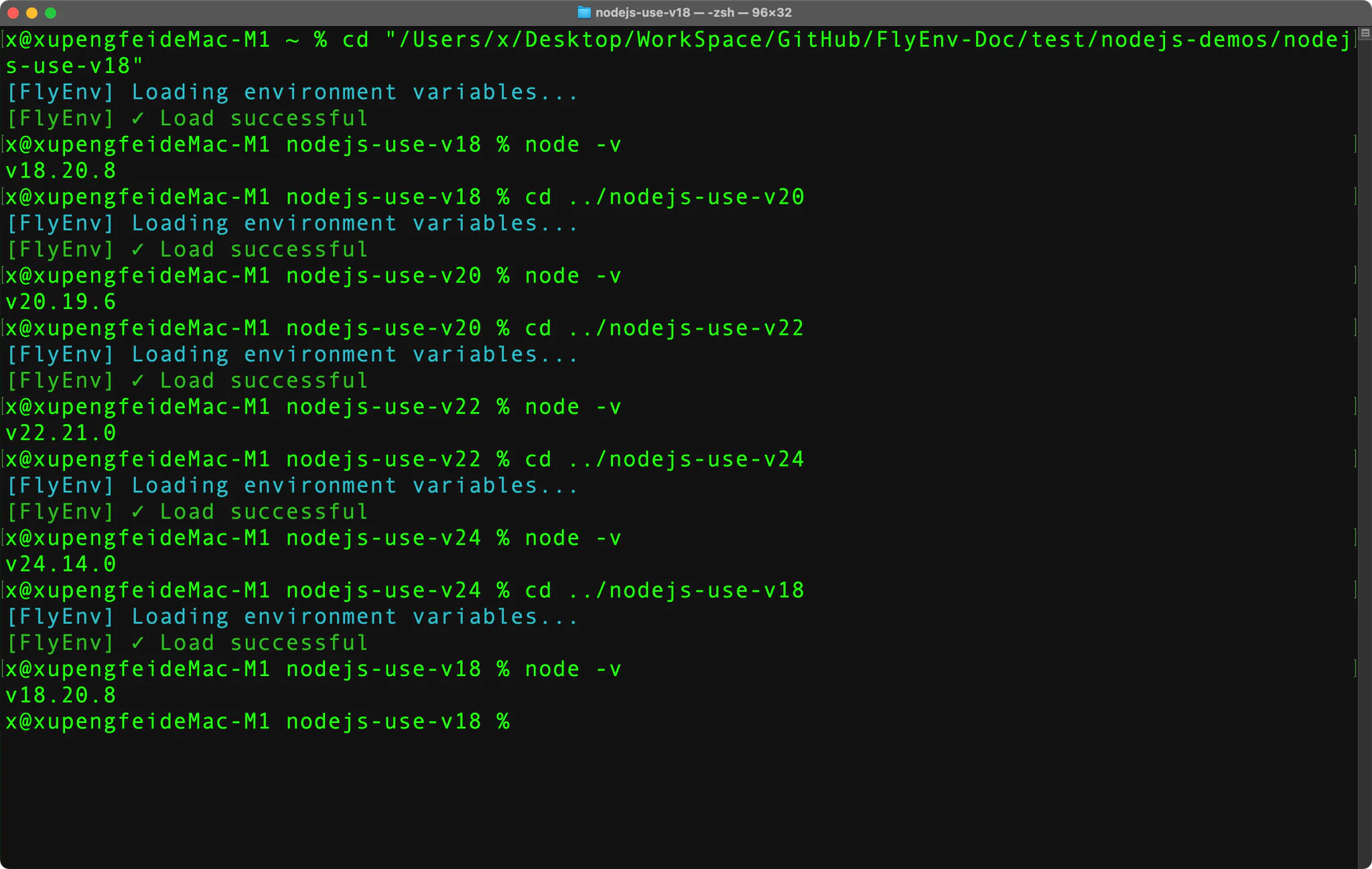 FlyEnv project-level version switching - terminal showing automatic Node.js version changes